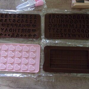 4 Piece Chocolate Mold Set, Letters, Numbers, Happy Birthday, Hearts and Bar